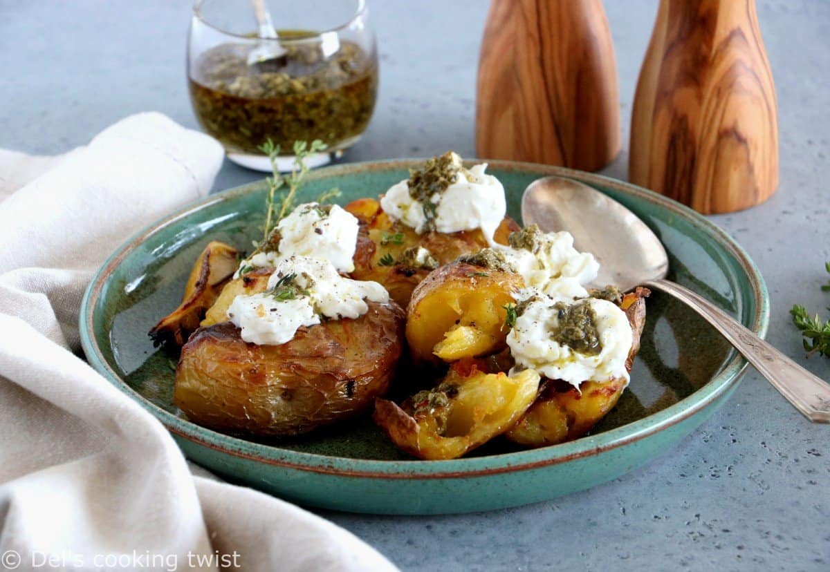  Smashed Lemony Potatoes with Burrata and Pesto