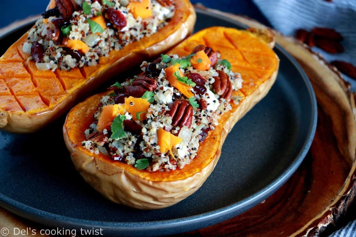 Courge butternut farcie au quinoa, cranberries et feta