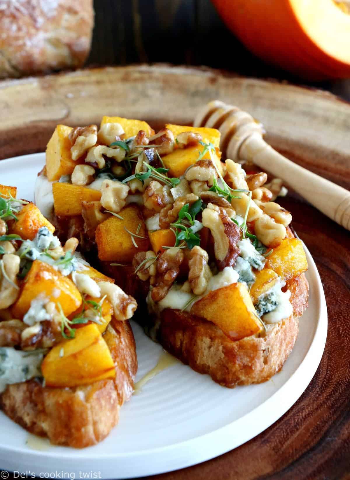 Pumpkin and Walnut Tartines with Blue Cheese