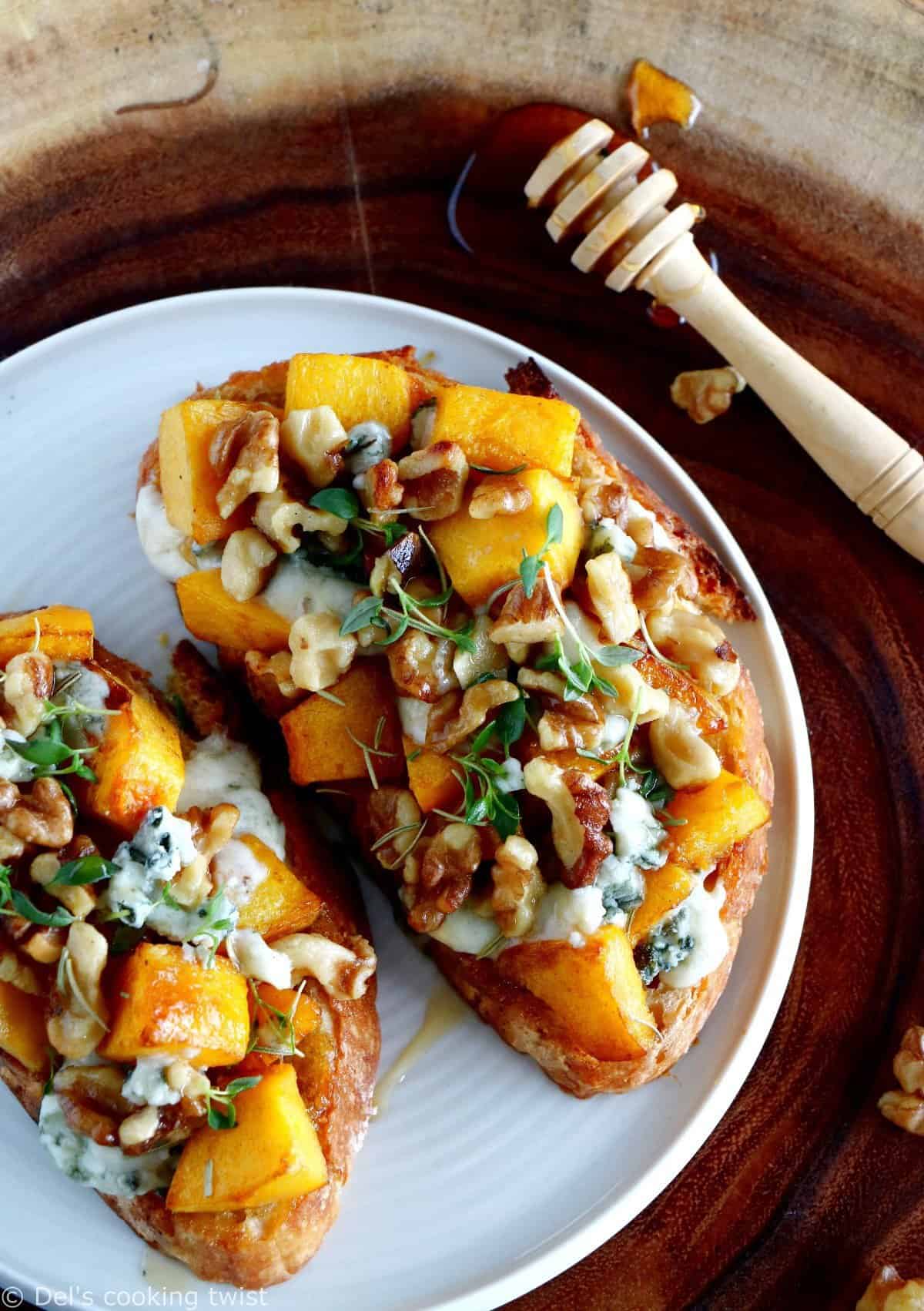 Pumpkin and Walnut Tartines with Blue Cheese