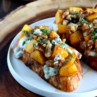 Gather up the bounty of fall with this pumpkin, walnut and blue Cheese bruschetta. This harvest-inspired dish makes a perfect appetizer or side dish to a cozy soup for a lazy weeknight dinner.