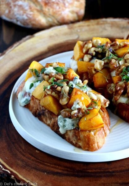 Gather up the bounty of fall with this pumpkin, walnut and blue Cheese bruschetta. This harvest-inspired dish makes a perfect appetizer or side dish to a cozy soup for a lazy weeknight dinner.