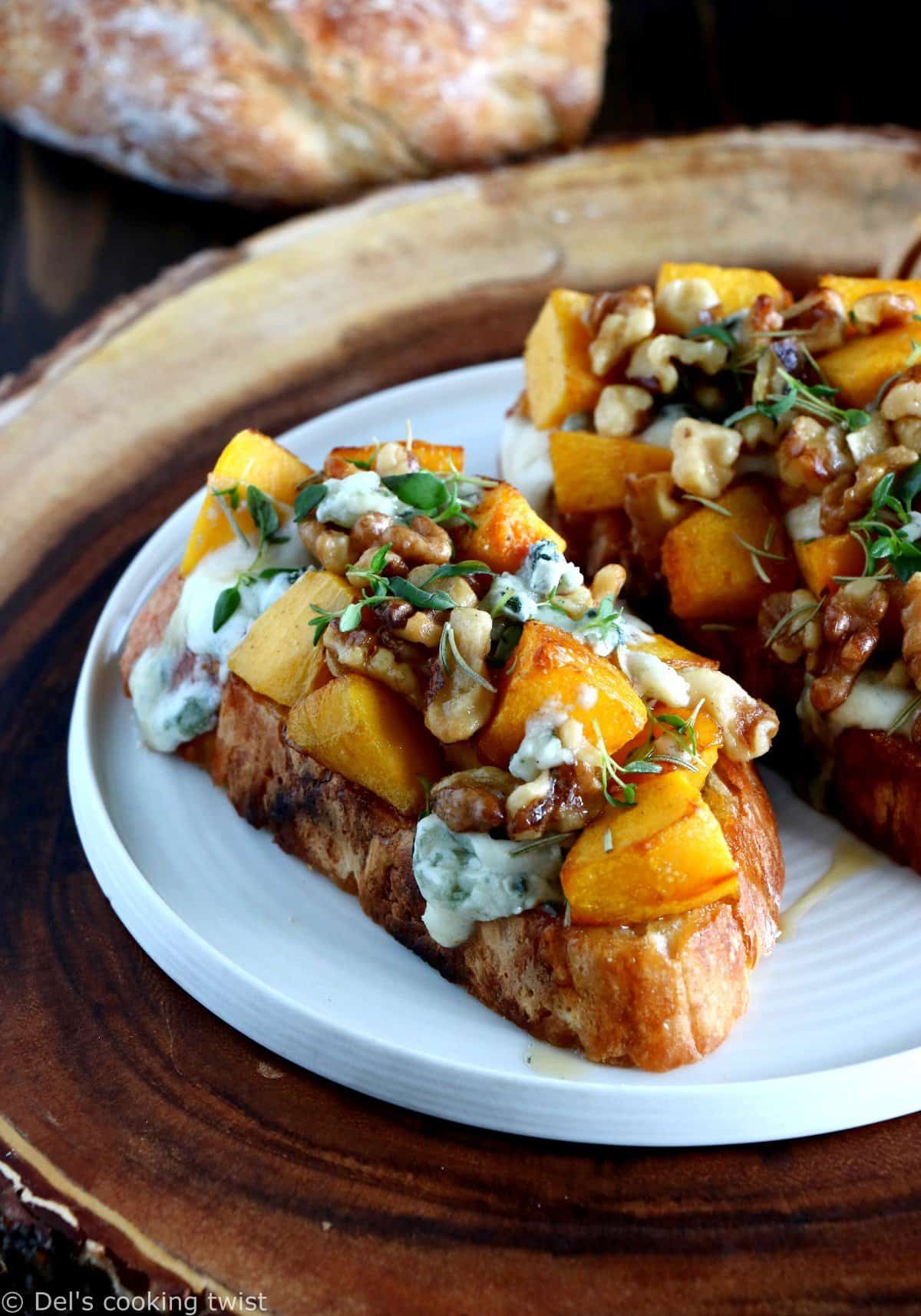 Pumpkin and Walnut Tartines with Blue Cheese