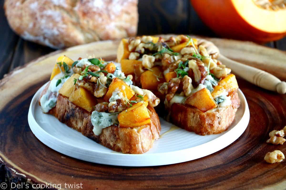 Pumpkin and Walnut Tartines with Blue Cheese