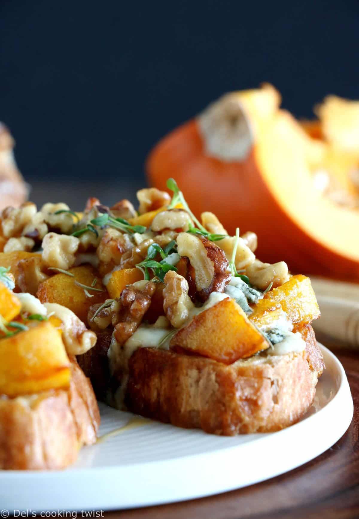 Gather up the bounty of fall with this pumpkin, walnut and blue Cheese bruschetta. This harvest-inspired dish makes a perfect appetizer or side dish to a cozy soup for a lazy weeknight dinner.