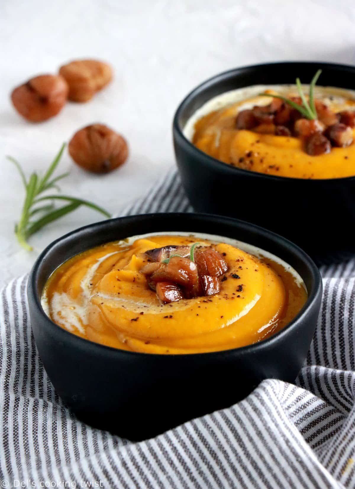 Soupe de courge butternut, châtaignes et lentilles corail