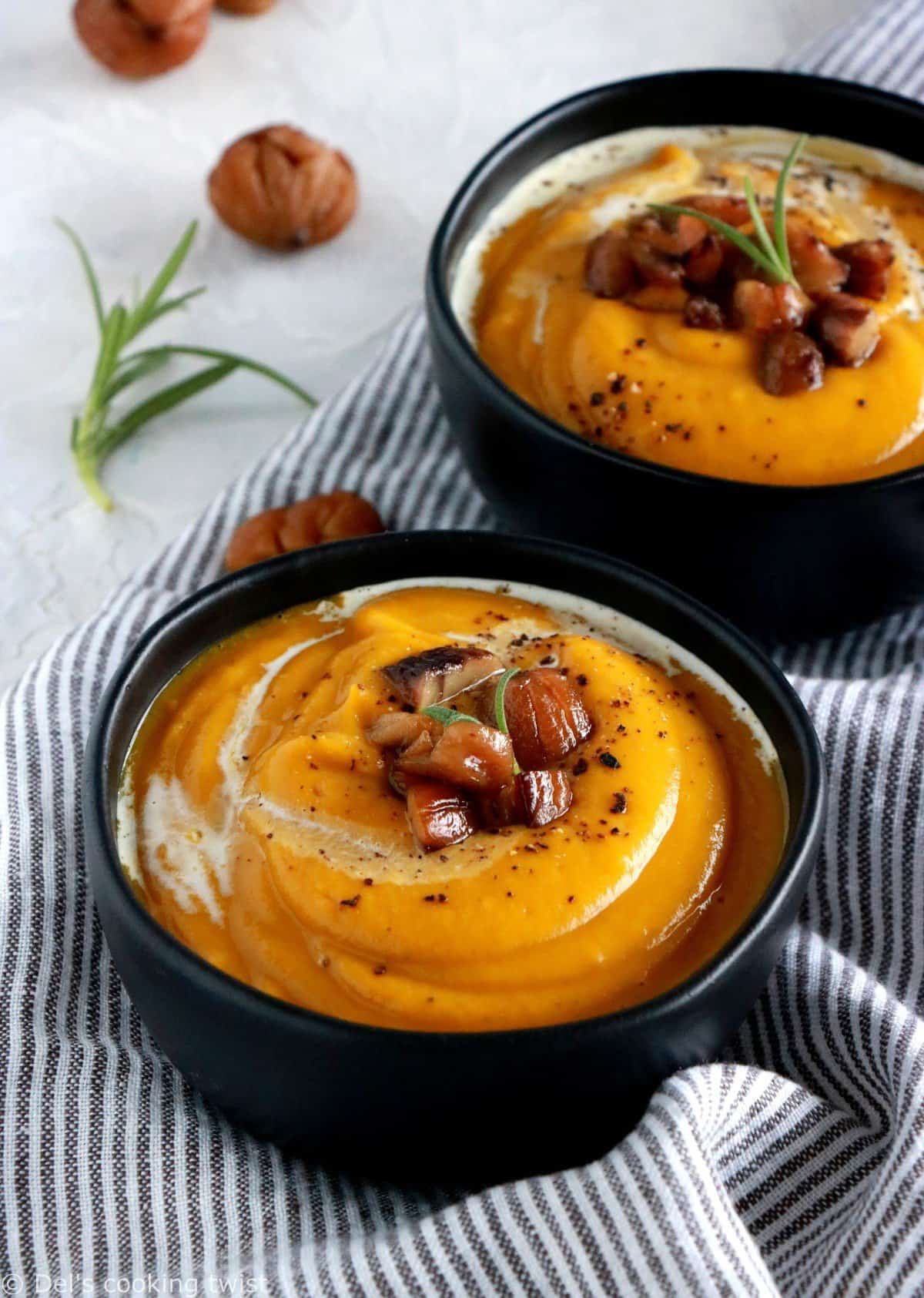 Soupe de courge butternut, châtaignes et lentilles corail