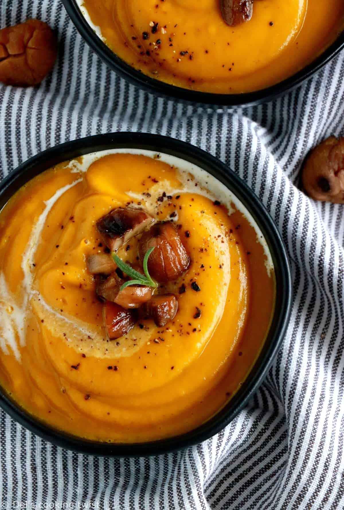 Soupe de courge butternut, châtaignes et lentilles corail