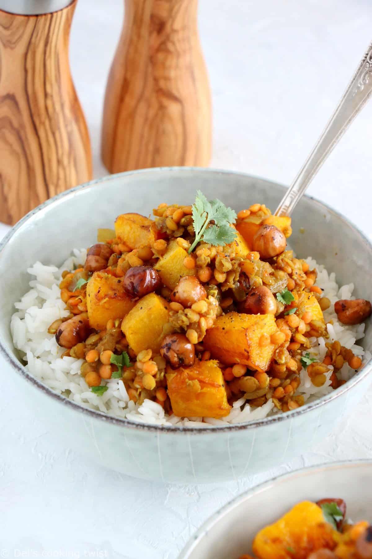 Red Lentil Dahl with Roasted Pumpkin and Hazelnut