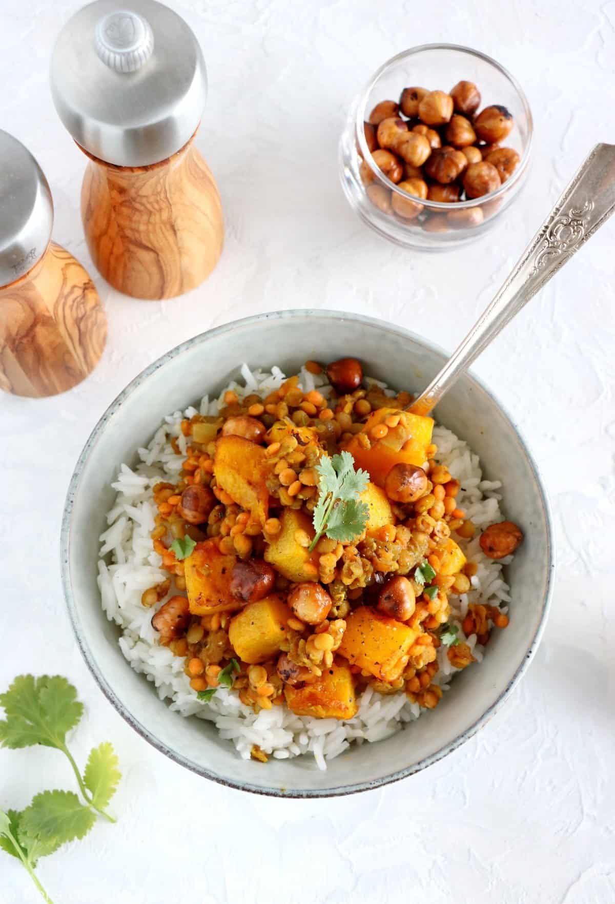 Red Lentil Dahl with Roasted Pumpkin and Hazelnut