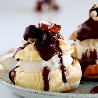 Chocolate Profiteroles with Candied Hazelnuts