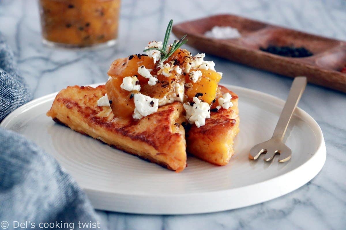 Pain perdu brioché, chèvre frais et chutney de mangue