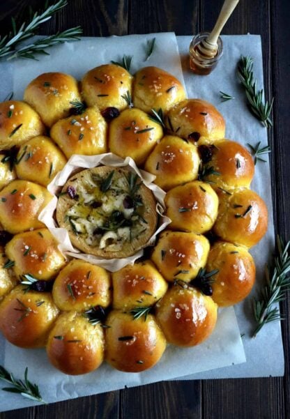 Rosemary Sweet Potato Bread Wreath with Baked Camembert