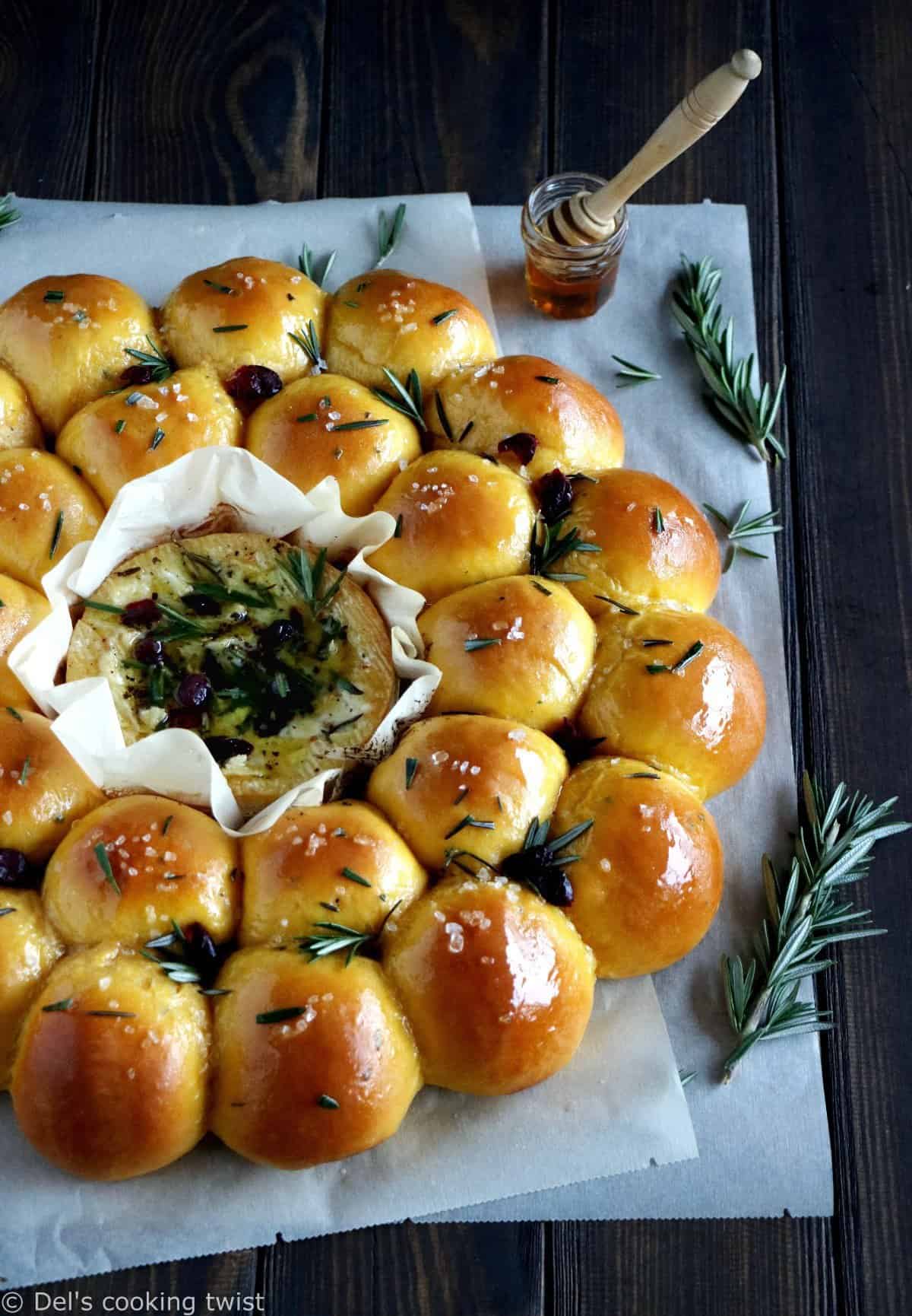 Rosemary Sweet Potato Bread Wreath with Baked Camembert