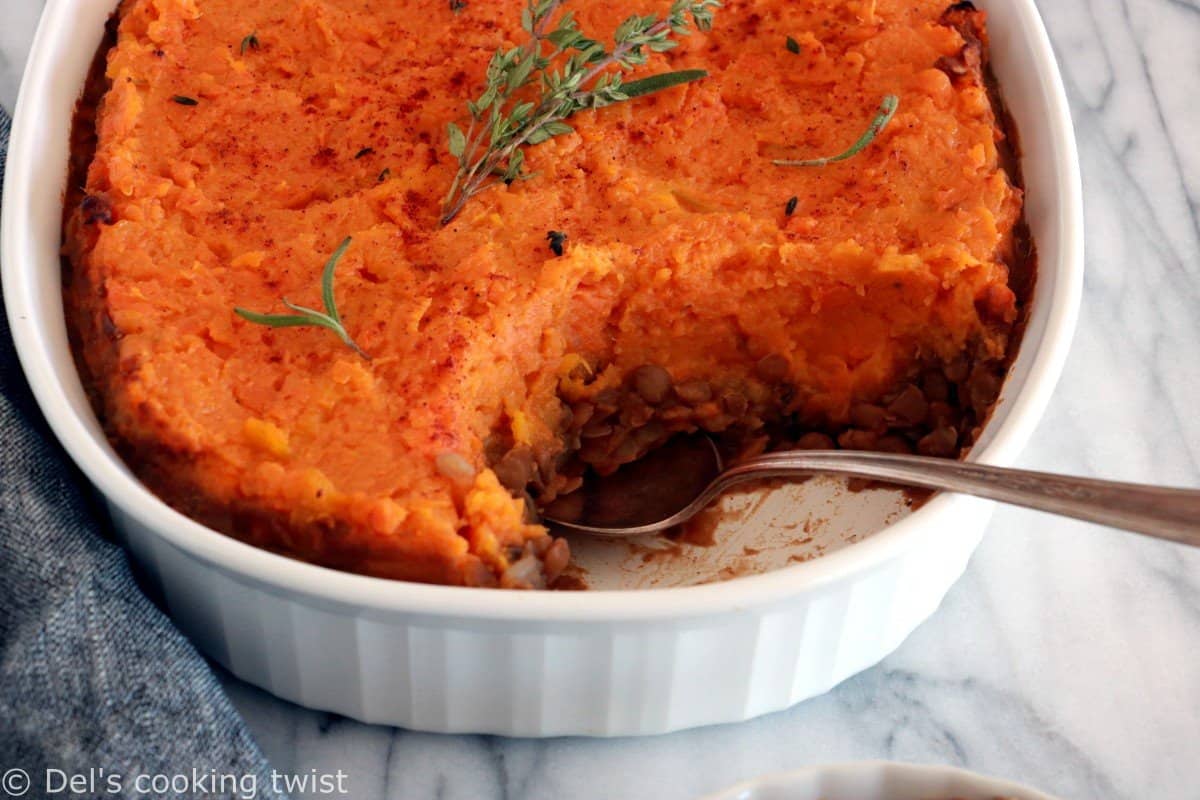 Parmentier vegan de courges et patates douces aux lentilles