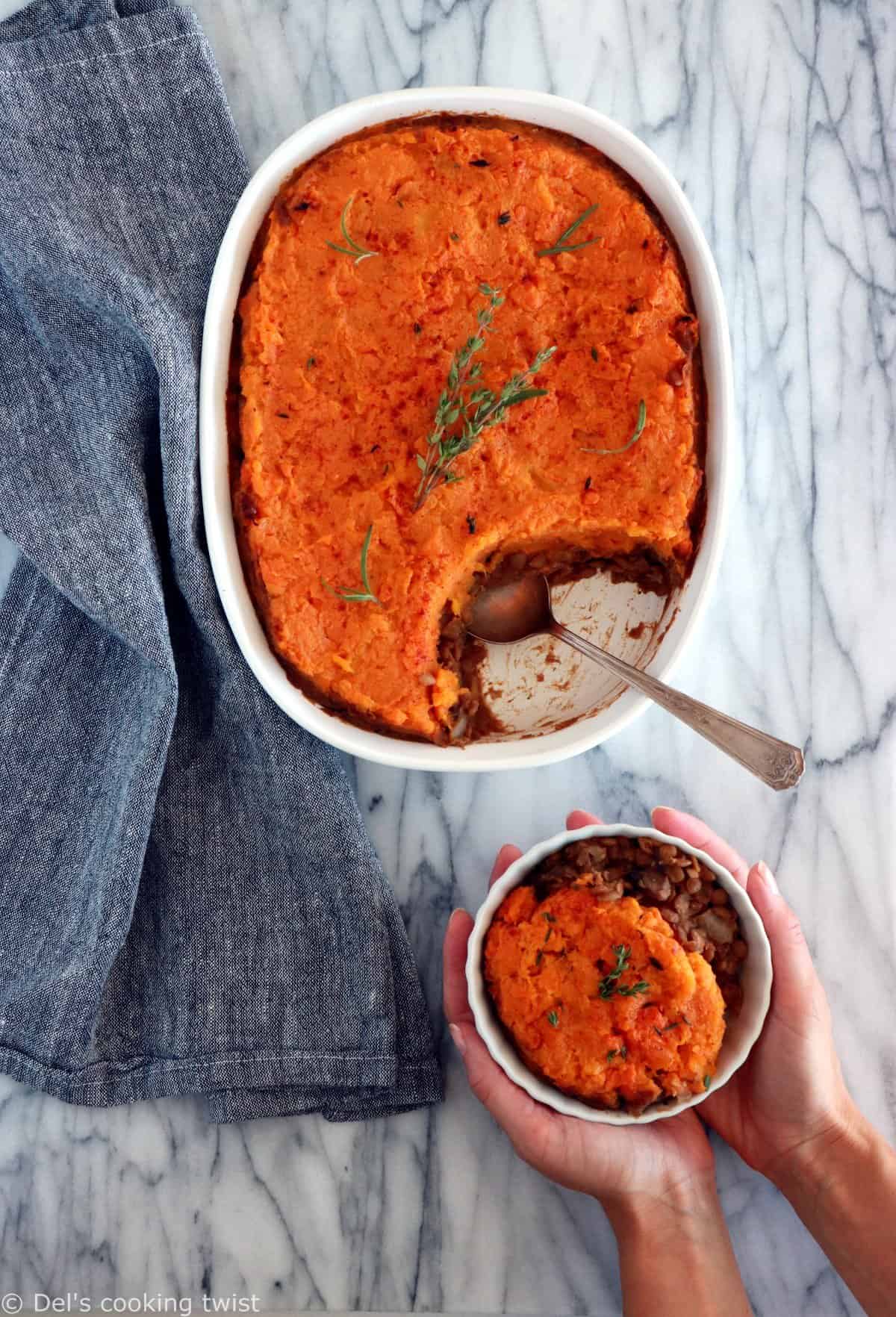 Parmentier vegan de courges et patates douces aux lentilles