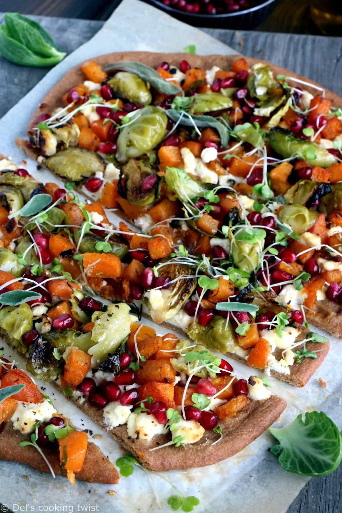 Pizza complète à la courge butternut et aux choux de Bruxelles