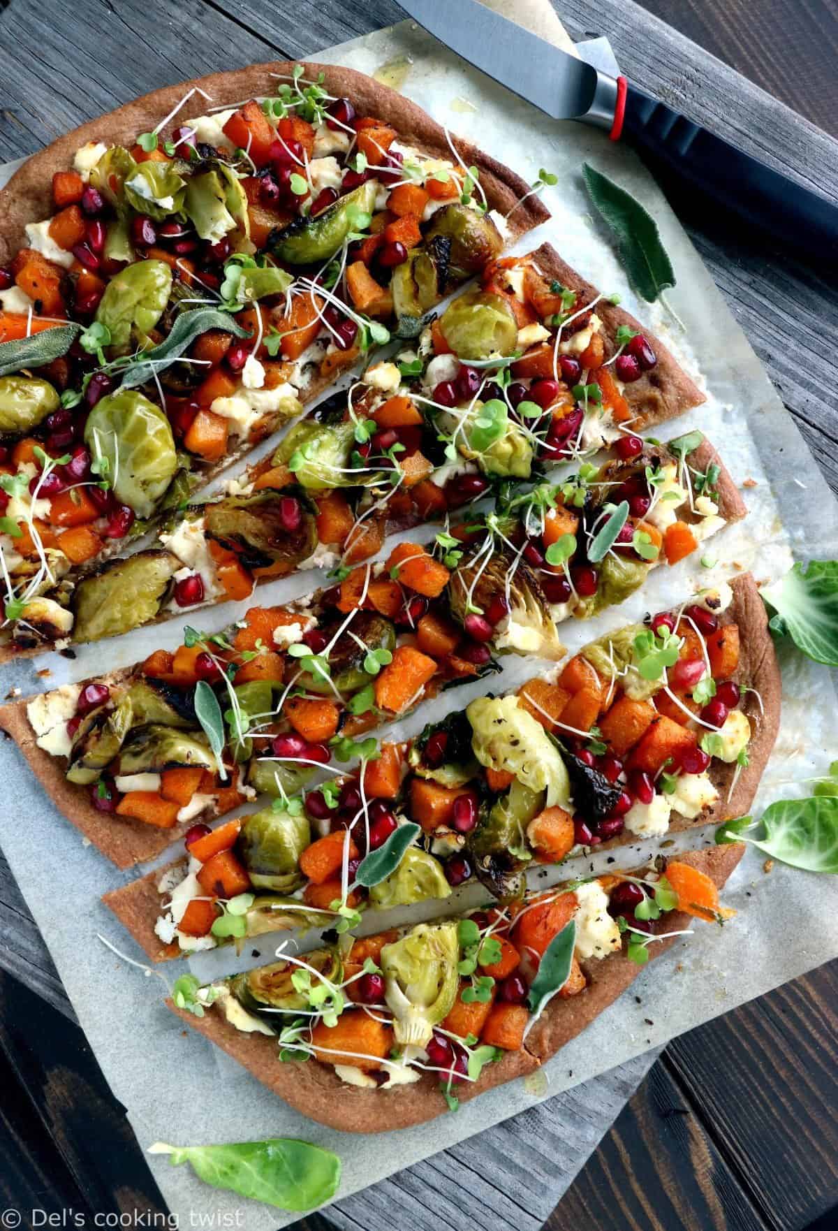 Pizza complète à la courge butternut et aux choux de Bruxelles