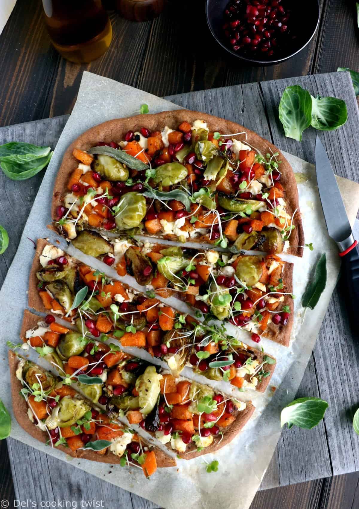 Pizza complète à la courge butternut et aux choux de Bruxelles