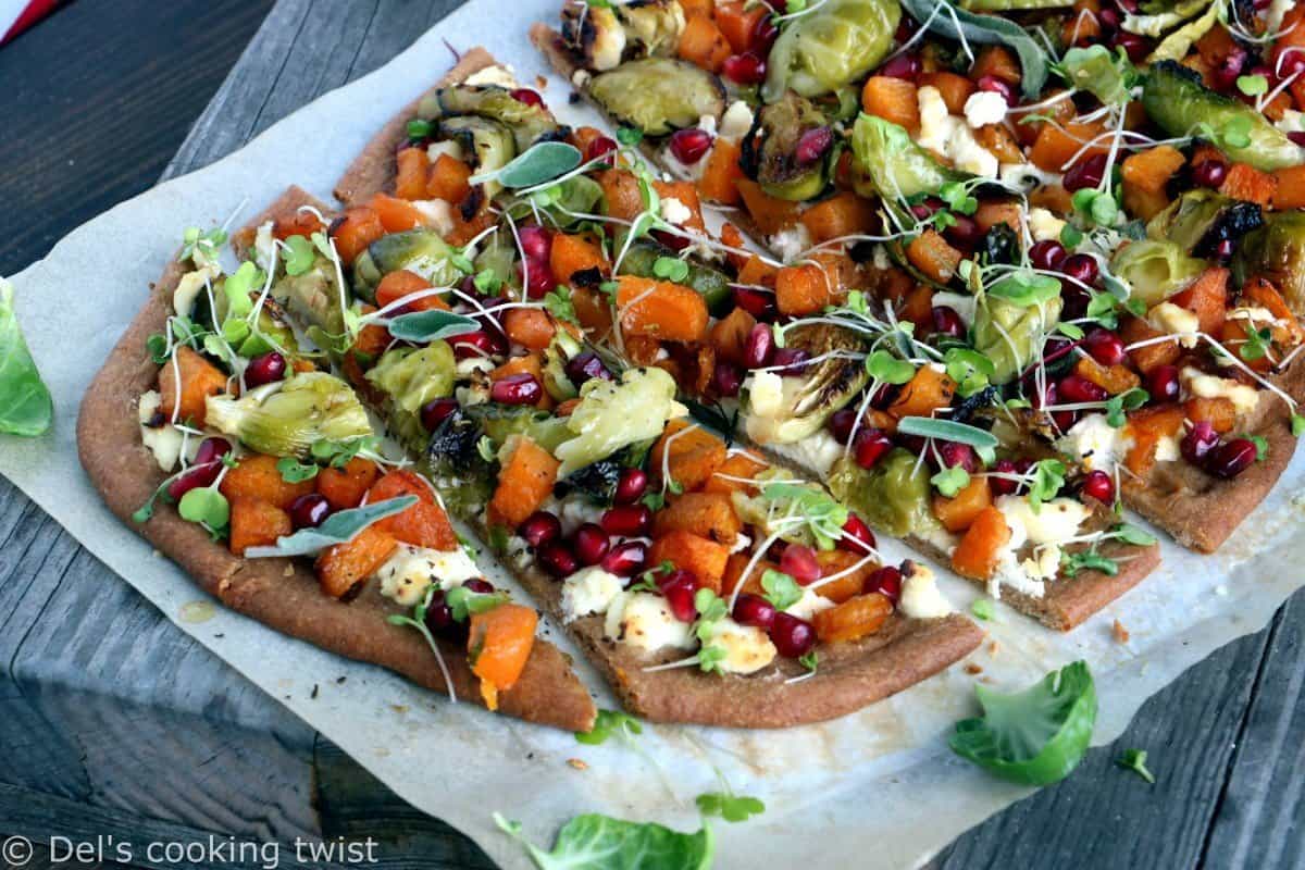 Pizza complète à la courge butternut et aux choux de Bruxelles