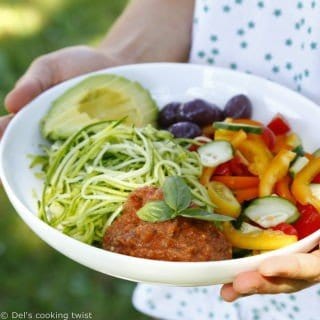 This simple raw zucchini spaghetti bowl makes a healthy everyday lunch recipe, loaded with veggies. It's also vegan and gluten-free.