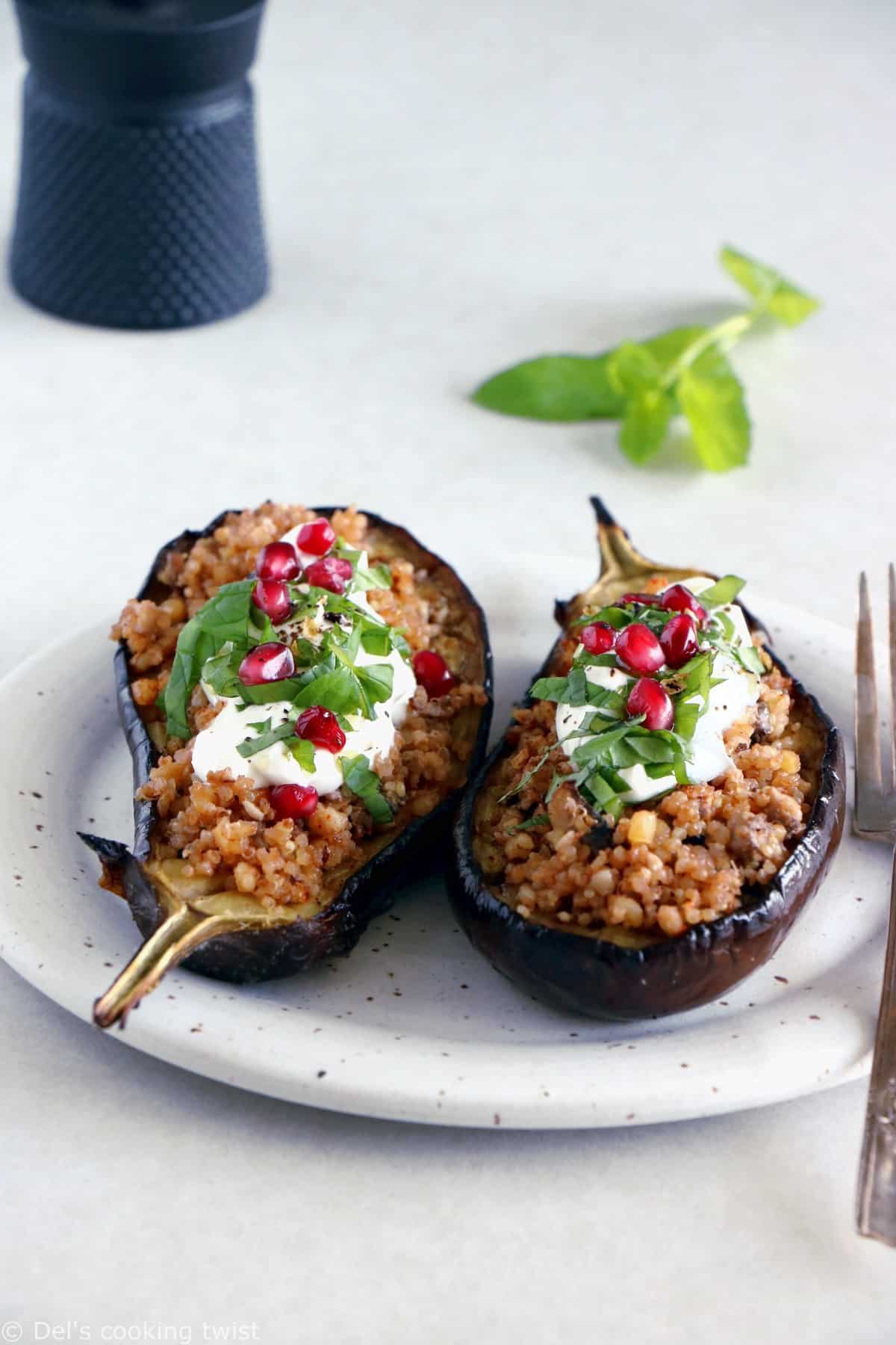 Quinoa Stuffed Eggplant with Mint Yogurt Sauce