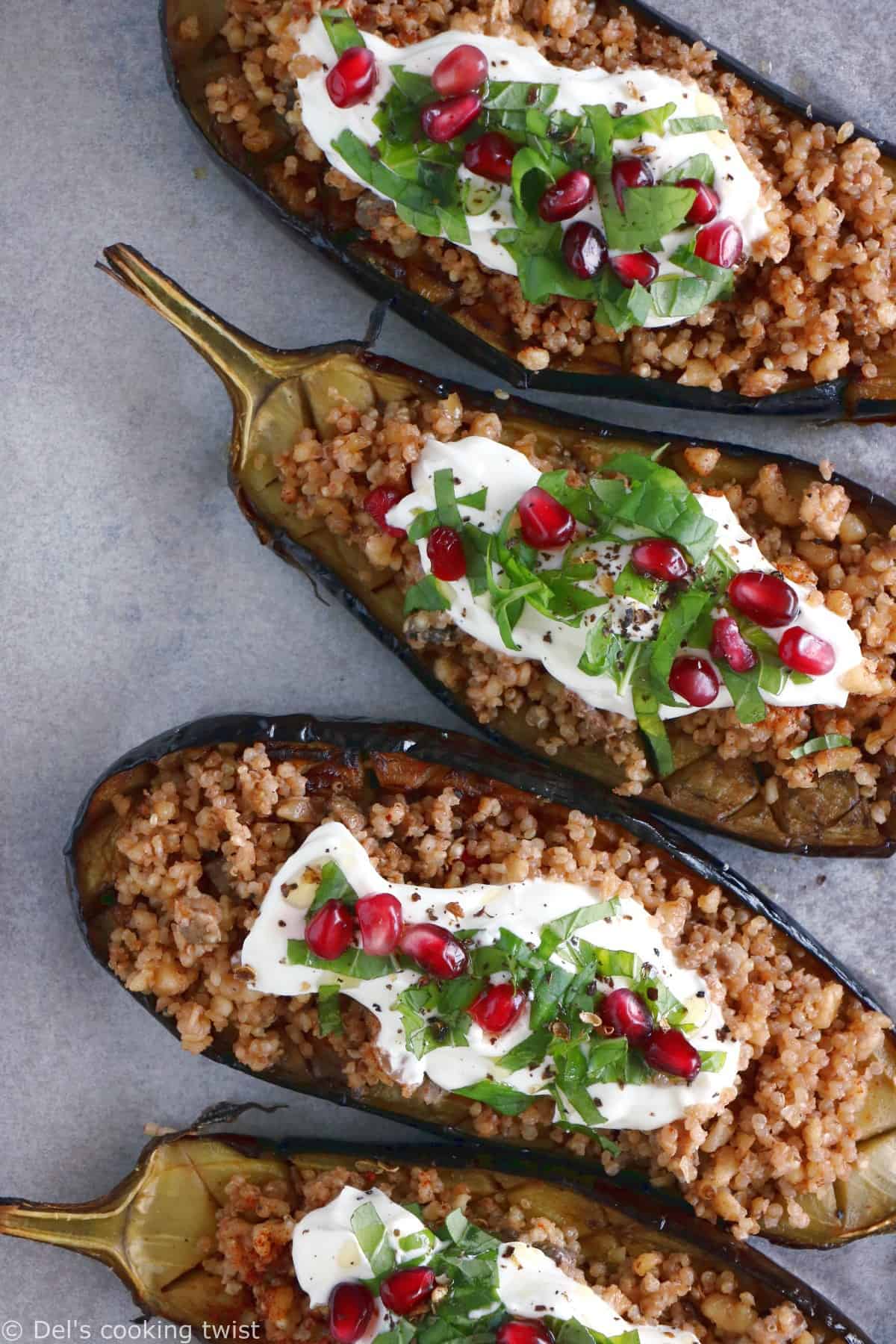 Quinoa Stuffed Eggplant with Mint Yogurt Sauce