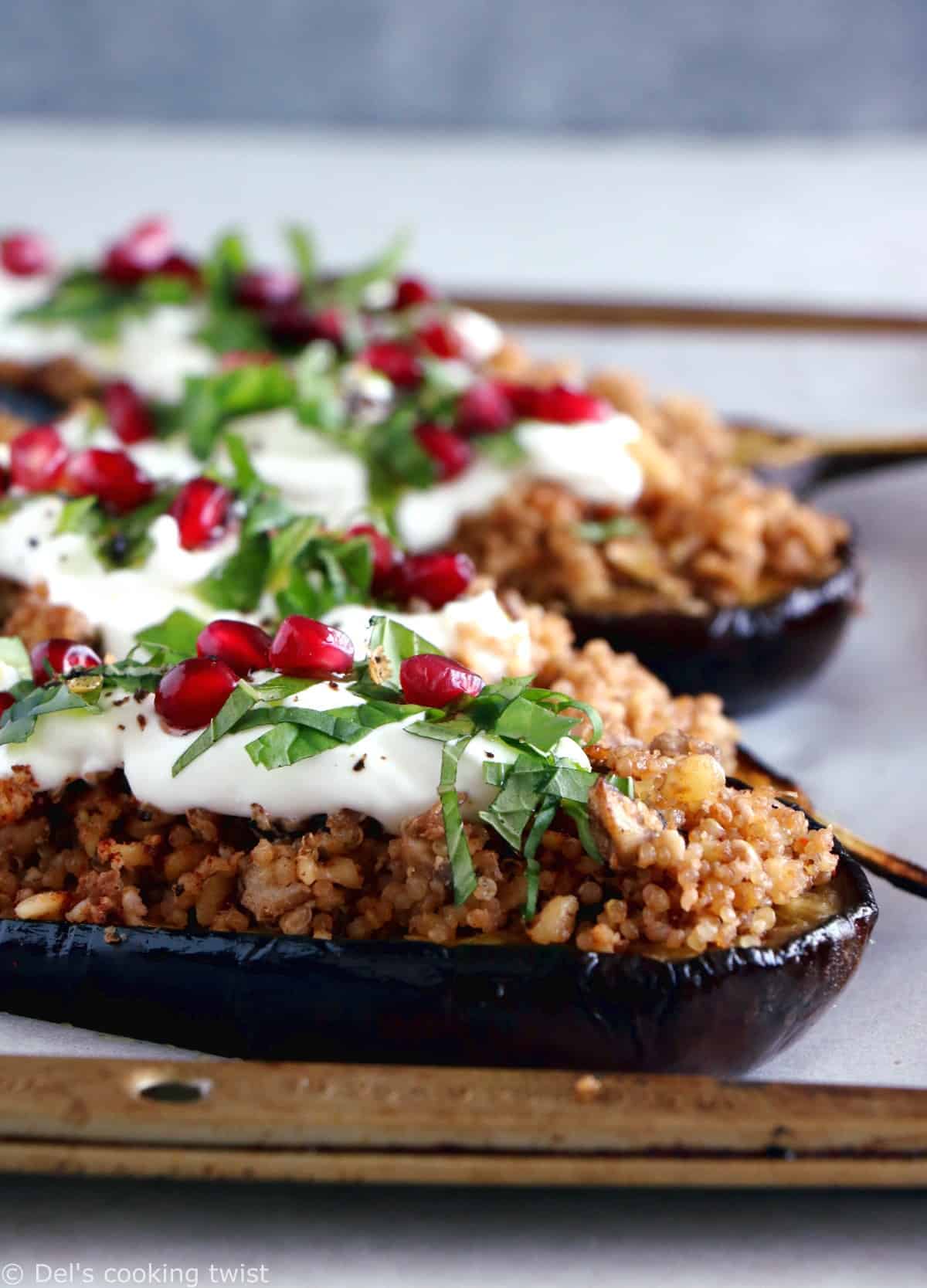 Quinoa Stuffed Eggplant with Mint Yogurt Sauce