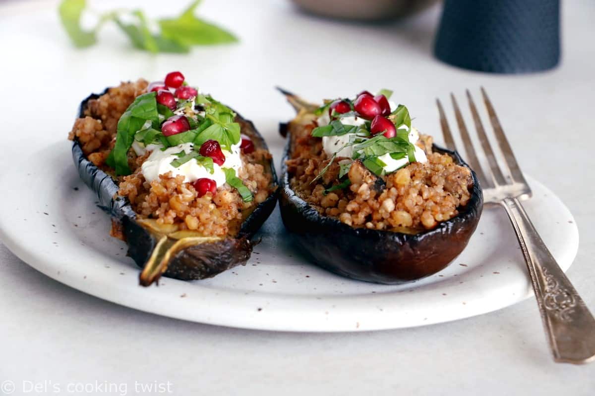 Quinoa Stuffed Eggplant with Mint Yogurt Sauce