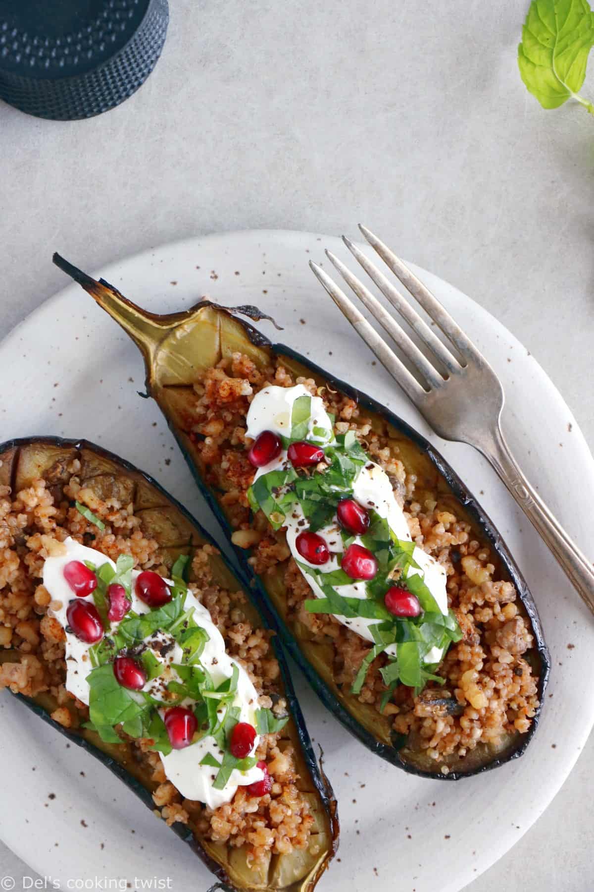 Quinoa Stuffed Eggplant with Mint Yogurt Sauce