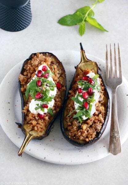 Quinoa Stuffed Eggplant with Mint Yogurt Sauce