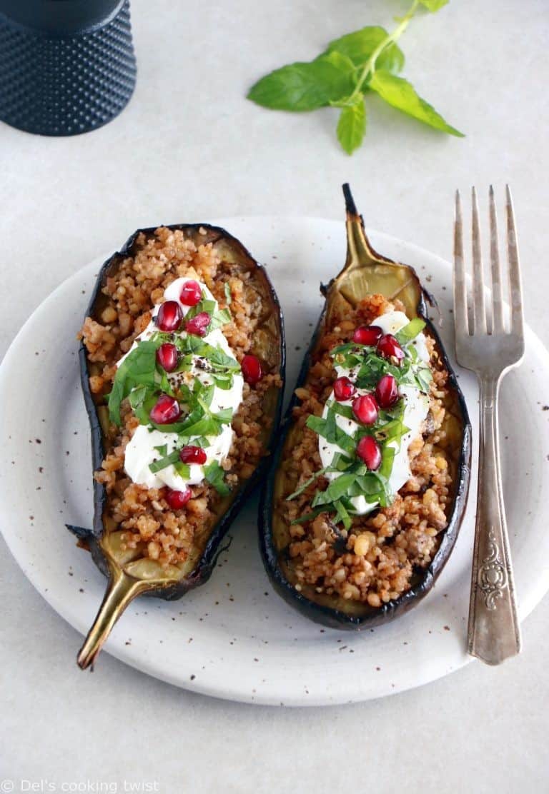 Quinoa Stuffed Eggplant with Mint Yogurt Sauce (Gluten-Free)