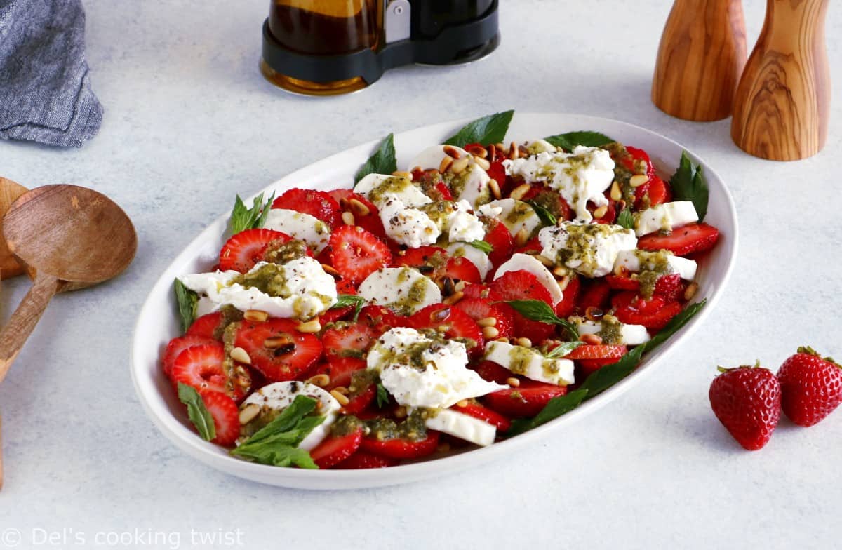 Strawberry Burrata Salad with Mint Pesto. This simple strawberry burrata salad with a mint pesto is full of summer goodness. It is loaded with refreshing flavors with juicy, creamy and crunchy textures. The salad is also naturally gluten-free and ready in no time!