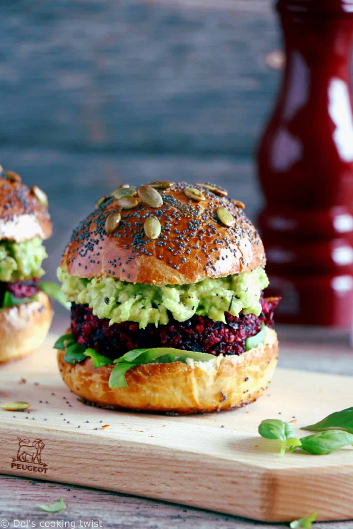 Vegetarian Beet Quinoa Burger. Scrumptious vegetarian beet quinoa burger with feta cheese, avocado dip and delicious homemade brioche burger buns. Simply the best!