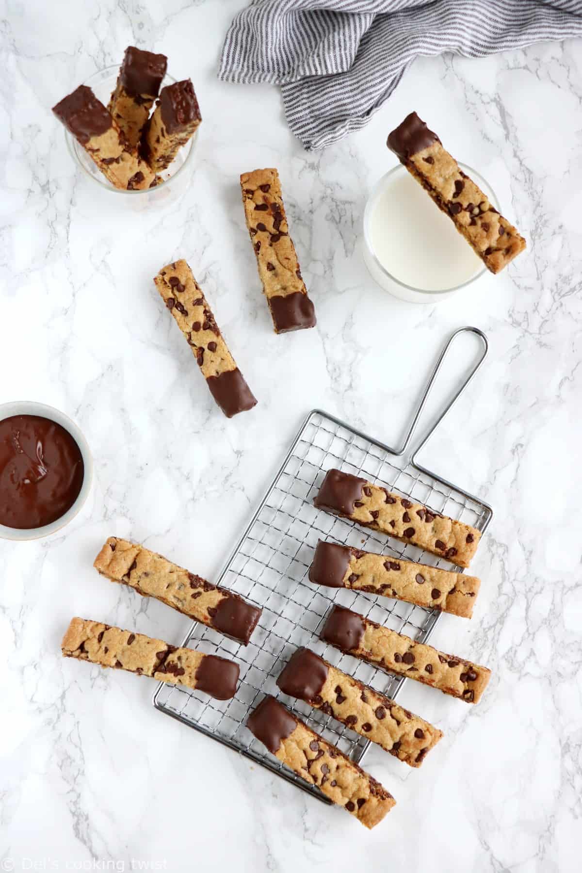 Chocolate-Dipped Cookie Sticks. Chocolate-dipped cookie sticks are a fun twist to your classic cookies and just perfect for dunking into a cold glass of milk. Made in a pan for easy baking, they are chewy, slightly crispy, with an irresistible chocolate coating!