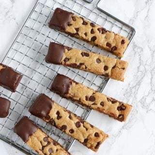 Chocolate-Dipped Cookie Sticks. Chocolate-dipped cookie sticks are a fun twist to your classic cookies and just perfect for dunking into a cold glass of milk. Made in a pan for easy baking, they are chewy, slightly crispy, with an irresistible chocolate coating!