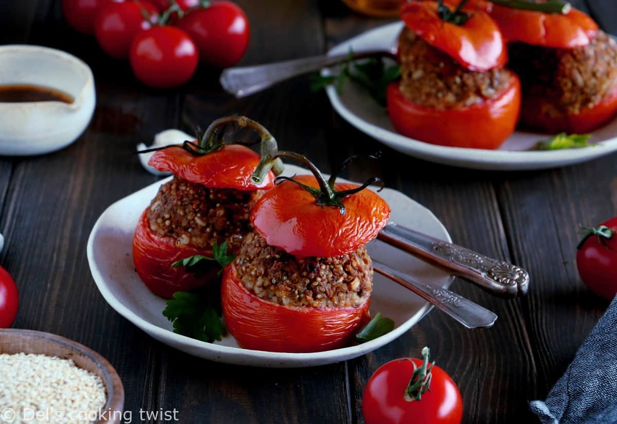 Healthy Vegan Chickpea Stuffed Tomatoes. Healthy vegan chickpea stuffed tomatoes make a delicious hearty summer dish, bursting with juicy tomatoes and packed with nutritious ingredients. A beautiful twist to the traditional French dish "tomates farcies".