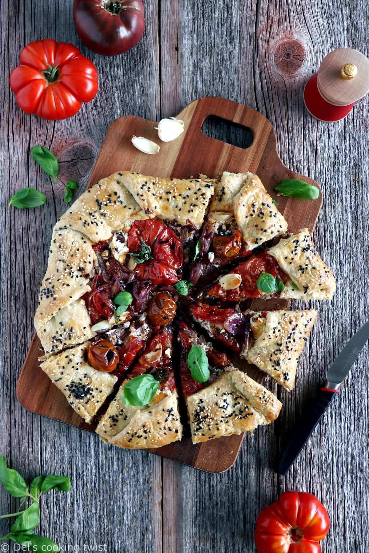 Balsamic Caramelized Onions and Goat Cheese Tomato Galette. This tomato galette is prepared with balsamic caramelized onions, heirloom tomatoes and fresh goat cheese, all tucked into a flaky pie crust. It makes a great end of summer light dinner, appetizer or brunch item.