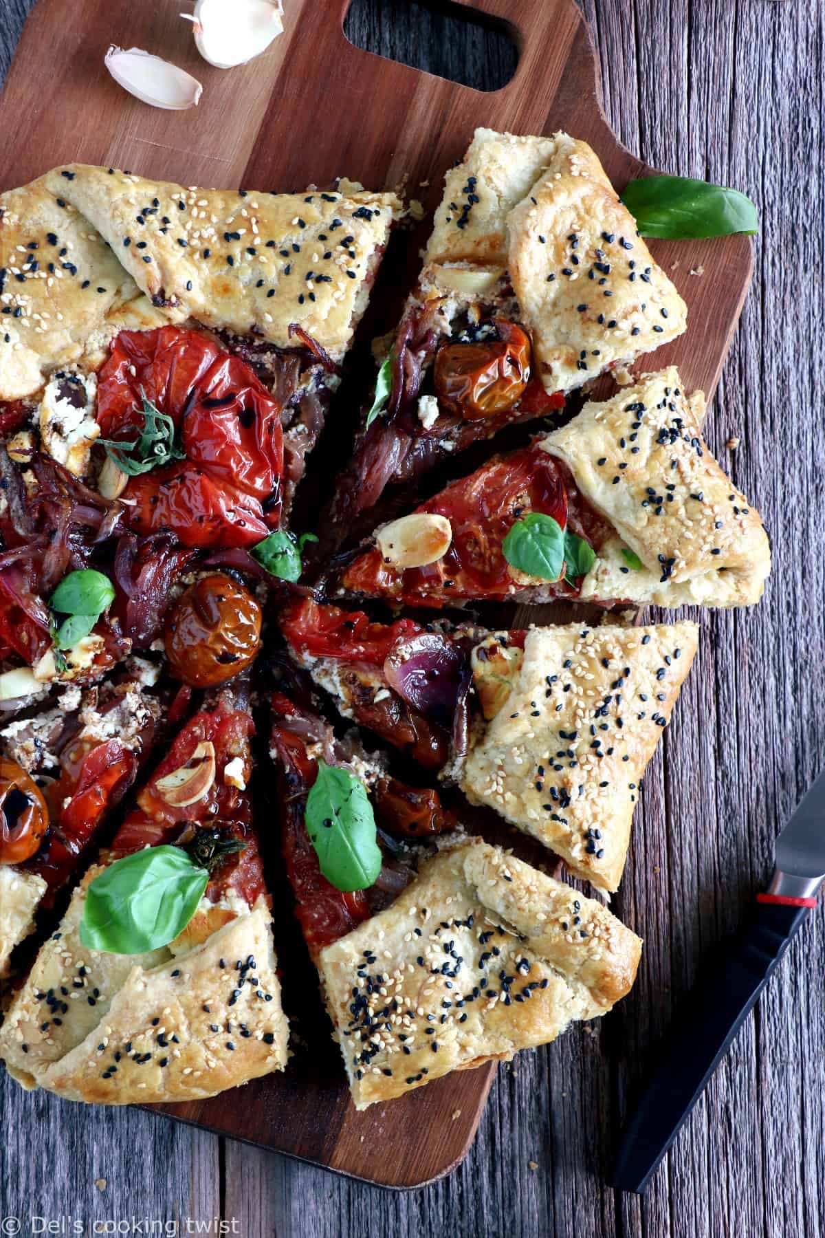 Balsamic Caramelized Onions and Goat Cheese Tomato Galette. This tomato galette is prepared with balsamic caramelized onions, heirloom tomatoes and fresh goat cheese, all tucked into a flaky pie crust. It makes a great end of summer light dinner, appetizer or brunch item.