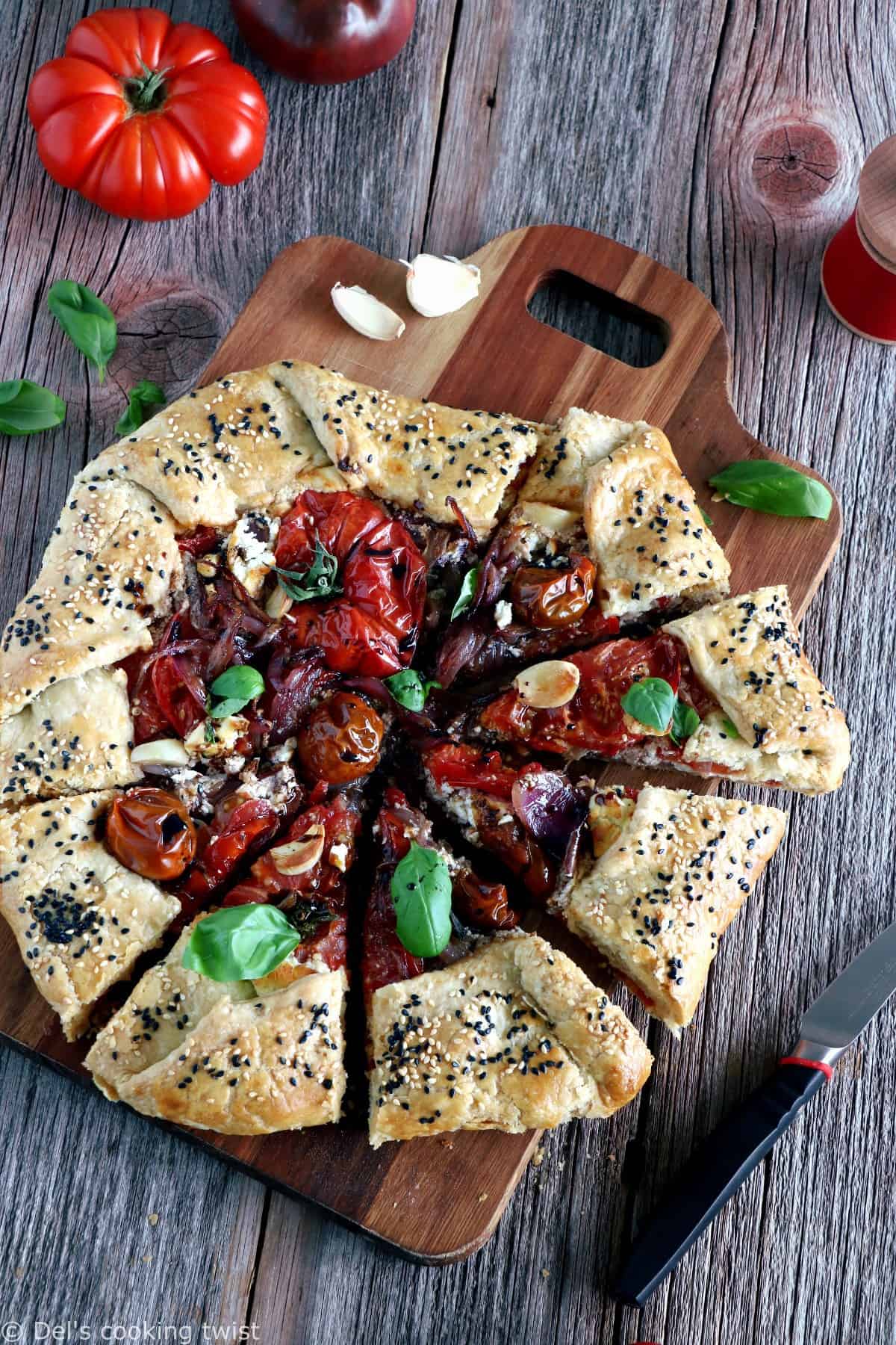 Balsamic Caramelized Onions and Goat Cheese Tomato Galette. This tomato galette is prepared with balsamic caramelized onions, heirloom tomatoes and fresh goat cheese, all tucked into a flaky pie crust. It makes a great end of summer light dinner, appetizer or brunch item.