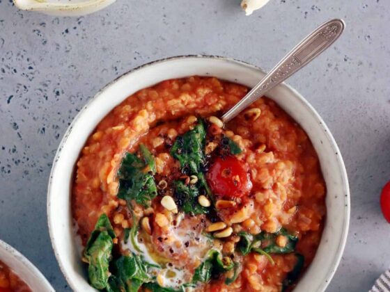 Easy tomato red lentil stew with spinach is my go-to dal recipe for cozy evenings. It's warm, full of hearty flavors and naturally healthy, vegan and gluten-free. I'm confident it will become your new favorite too.