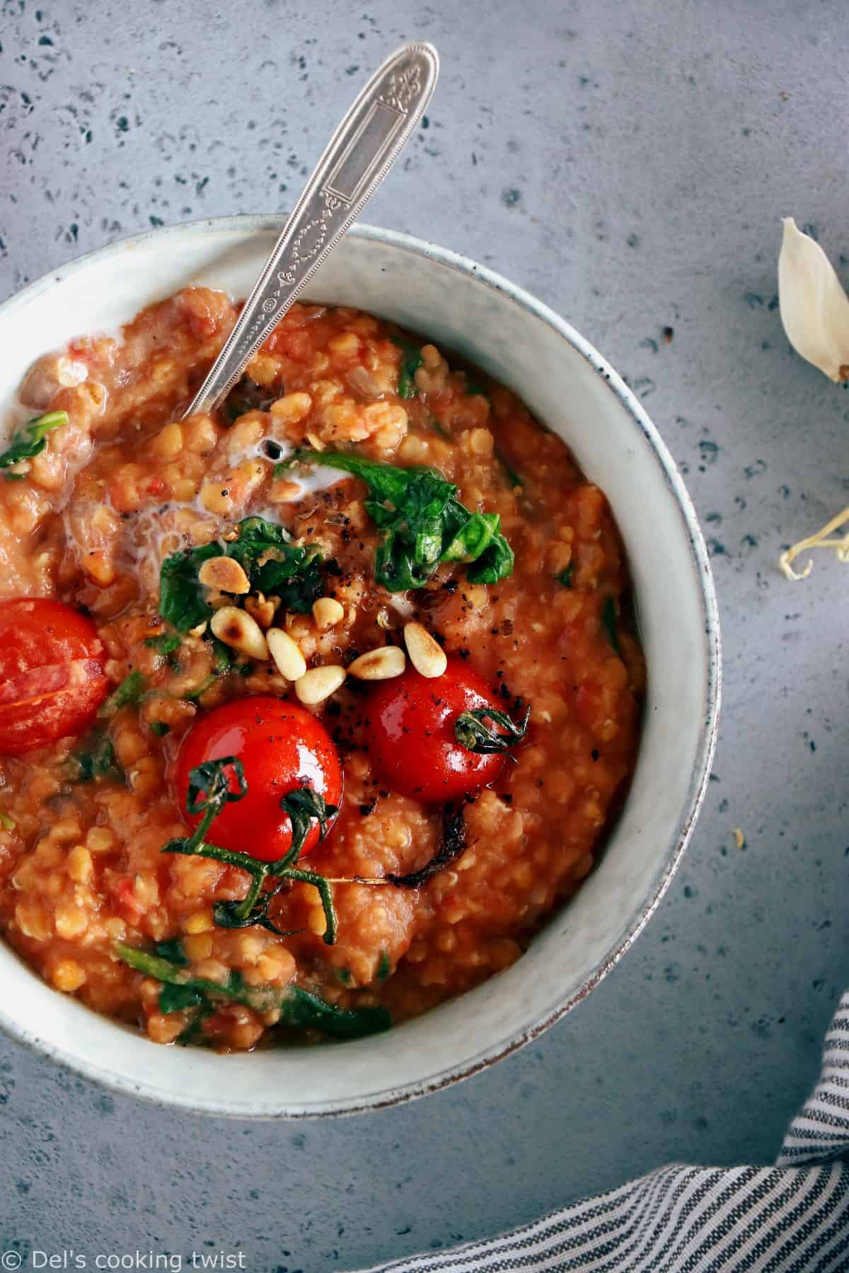 Easy tomato red lentil stew with spinach is my go-to dal recipe for cozy evenings. It's warm, full of hearty flavors and naturally healthy, vegan and gluten-free. I'm confident it will become your new favorite too.