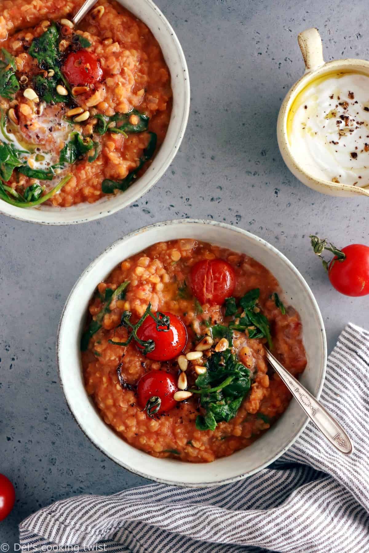 Easy tomato red lentil stew with spinach is my go-to dal recipe for cozy evenings. It's warm, full of hearty flavors and naturally healthy, vegan and gluten-free. I'm confident it will become your new favorite too.