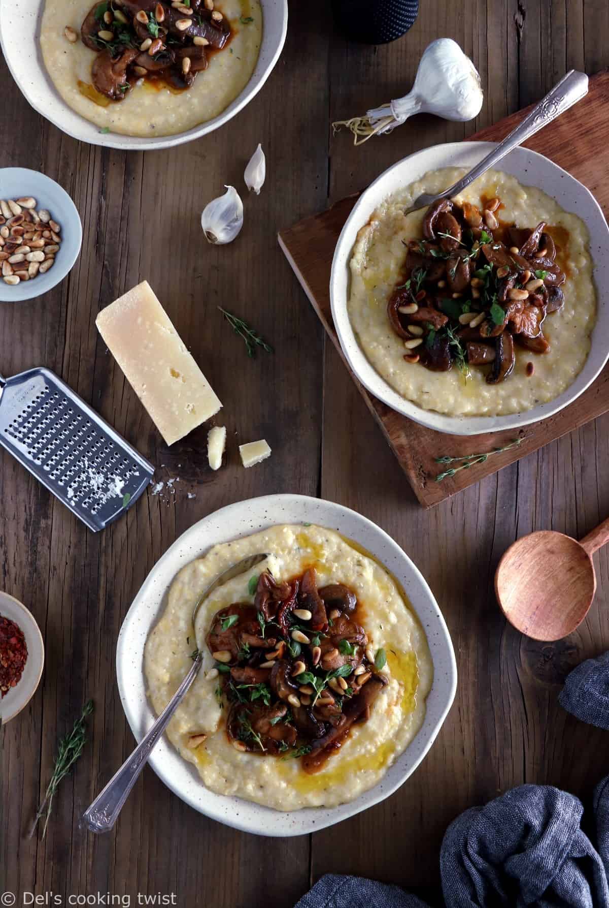 Parmesan polenta with thyme mushroom ragu makes a hearty plant-based dinner recipe for those chilly days. Enjoy with a glass of wine!