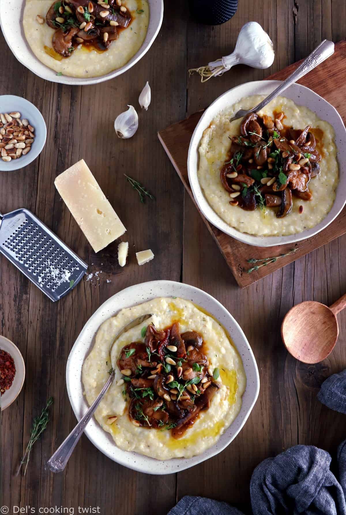 Parmesan polenta with thyme mushroom ragu makes a hearty plant-based dinner recipe for those chilly days. Enjoy with a glass of wine!