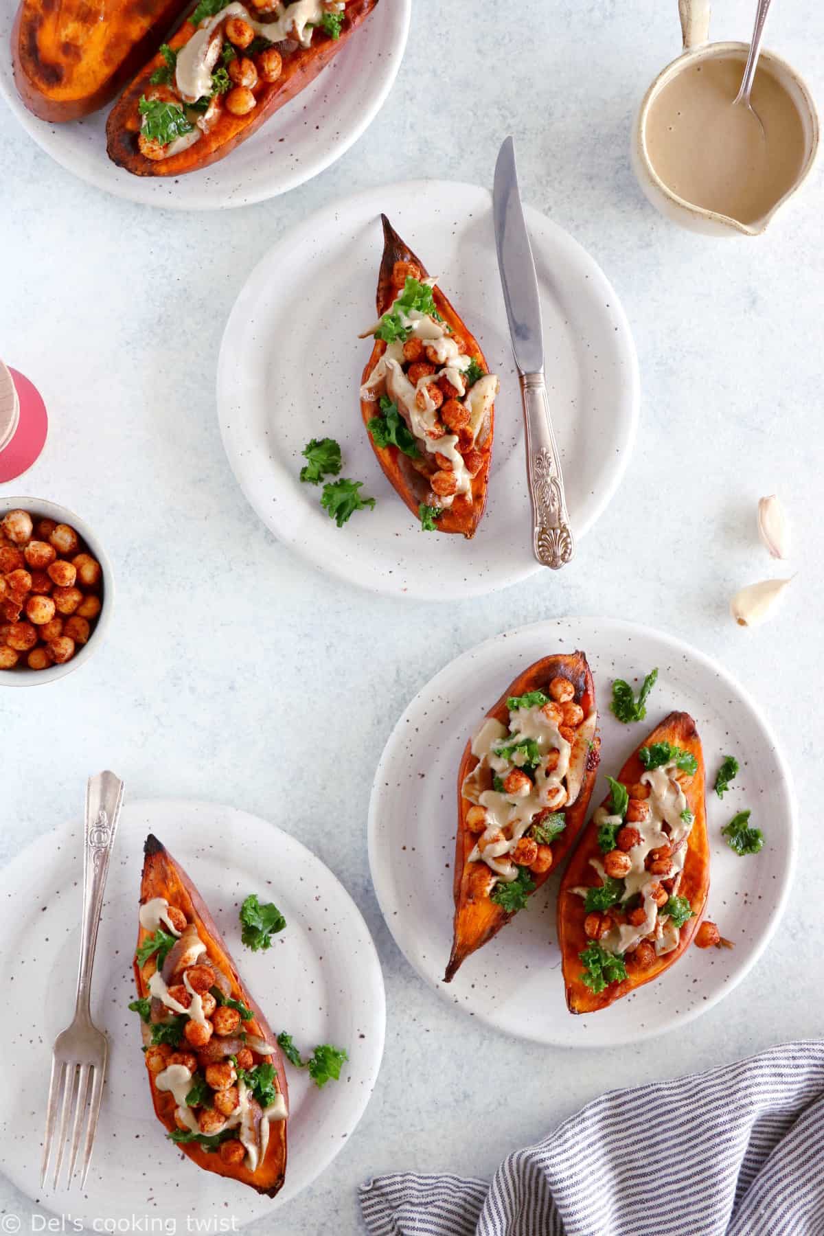 Fall harvest chickpea stuffed sweet potatoes are loaded with nutritious plant-based ingredients and make a delicious healthy, wholesome weeknight dinner.