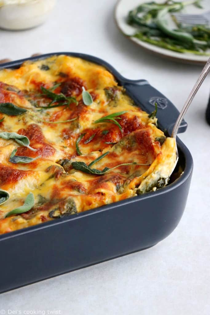 This creamy butternut squash lasagna is a cozy and comforting vegetarian pasta recipe to share with friends or family.