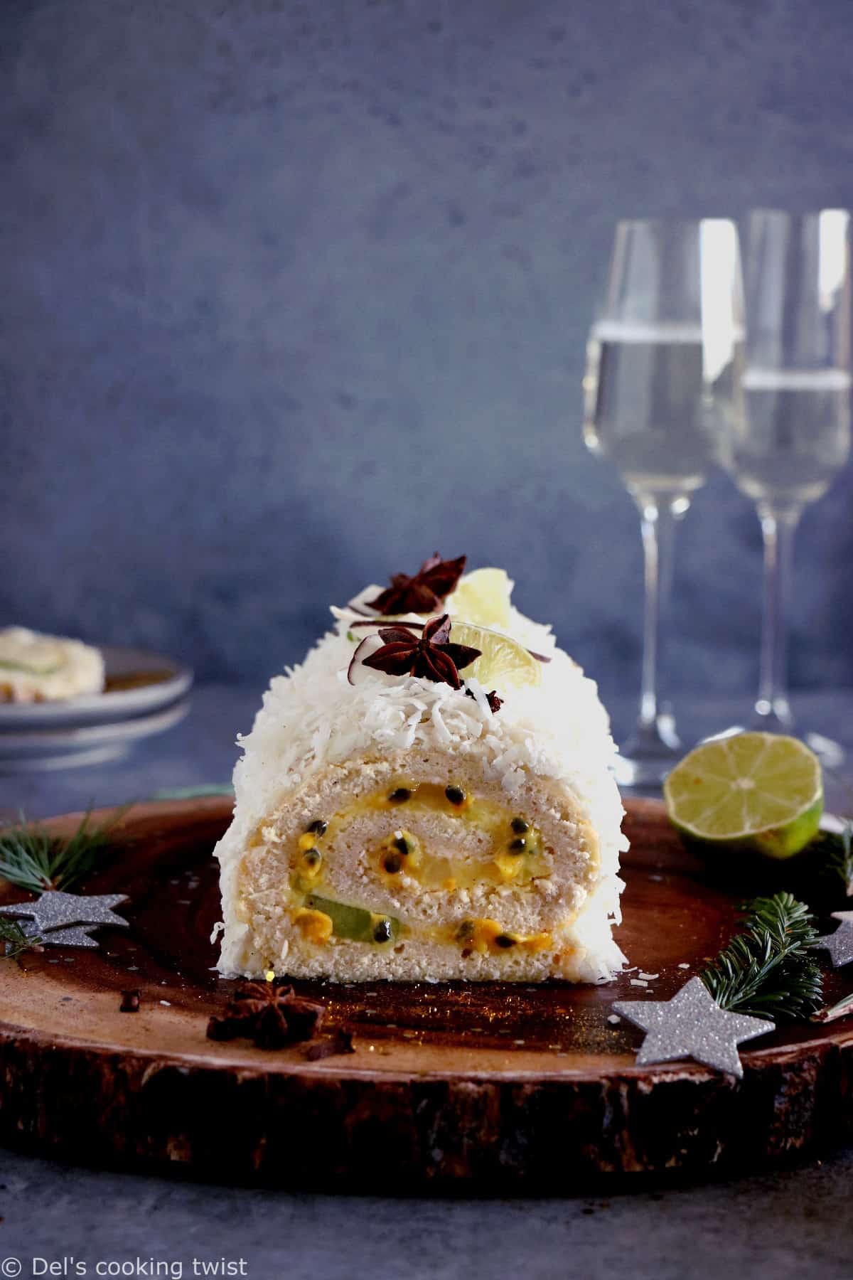 This toasted coconut tropical fruit cake roll is subtle, fruity, and just irresistible. Within a light and fluffy sponge cake, you'll find a delicious mango-lime curd with various tropical fruits.