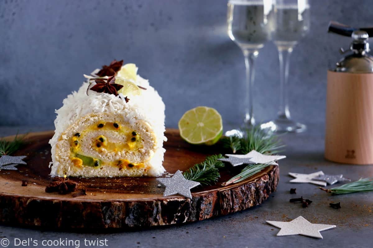 This toasted coconut tropical fruit cake roll is subtle, fruity, and just irresistible. Within a light and fluffy sponge cake, you'll find a delicious mango-lime curd with various tropical fruits.