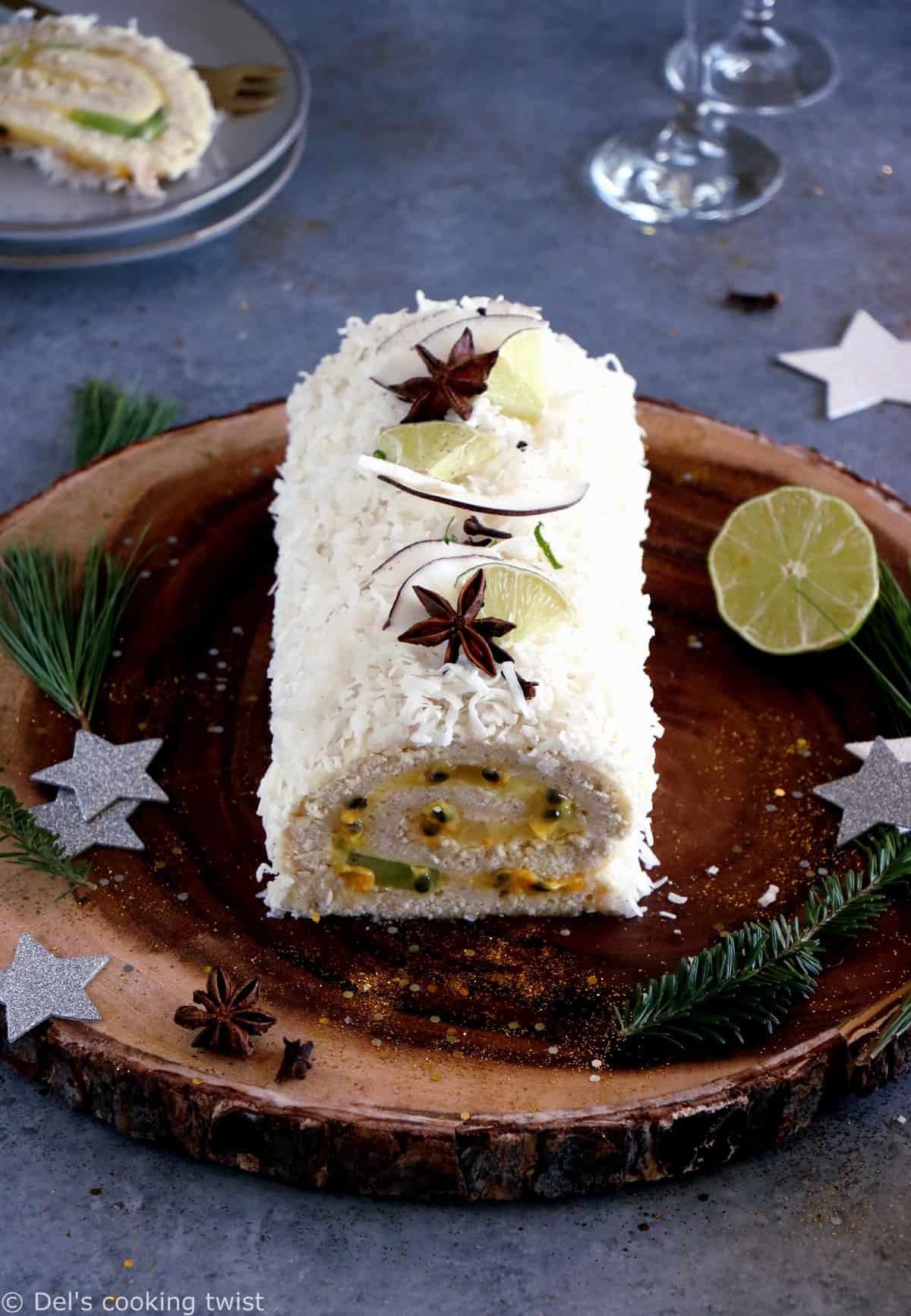 This toasted coconut tropical fruit cake roll is subtle, fruity, and just irresistible. Within a light and fluffy sponge cake, you'll find a delicious mango-lime curd with various tropical fruits.